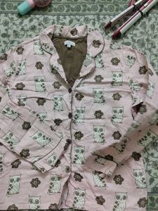 Pink Owl Print Button-Up Shirt
