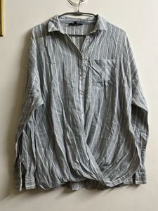 Grey Striped Wrap Front Shirt