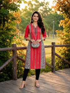 Red Ethnic Printed Kurta