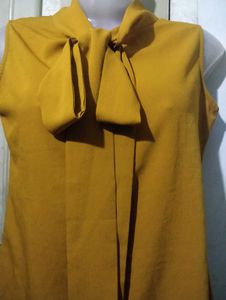 Elegant Mustard Yellow Sleeveless Bow Blouse