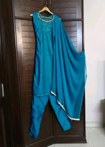 Teal Sequined Georgette Kurta Set with Dupatta