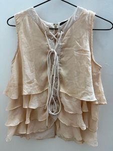 Cream Lace-Up Tiered Sleeveless Top