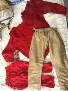 Red(100% cotton) & Beige Kurta Set with extra paja
