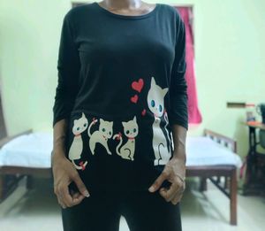Black Kitty Printed Full Sleeve T-shirt Top