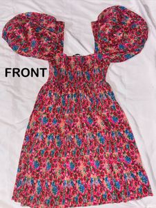 ZARA Floral Puff Sleeve Square Neck Dress