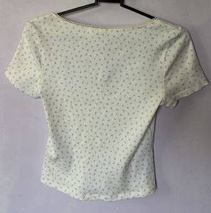 White Floral Print Ribbed Top