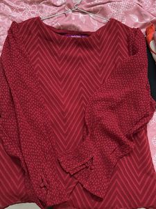 Red Chevron Textured Long Sleeve Top