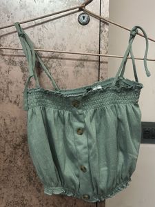 Sage Green Smocked Button-Up Crop Top
