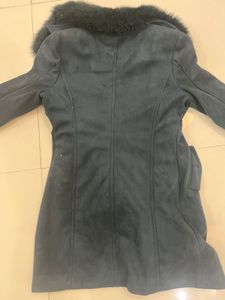 Furry Neck Teal Color Thigh Length Coat