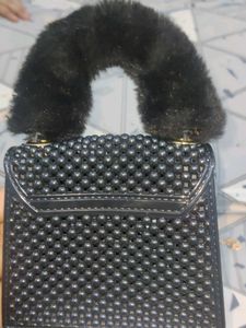 Chic Mini Black Handbag with Fur Accent