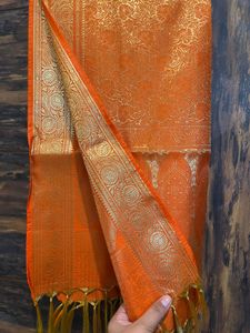 Vibrant Orange Silk Dupatta with Gold