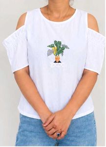 White Cold Shoulder Top with Plant Embroidery