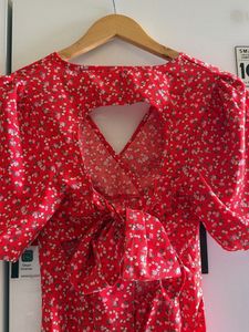 Red Floral Mini Dress with V-Neck
