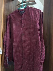 Men's Burgundy Printed Mandarin Collar Shirt