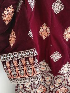 Embroidered Maroon Velvet Kurta