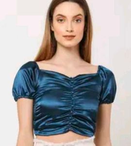 Blue Satin crop top with Puff Sleeves