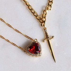 Couple Gold Heart & Sword Necklace Set