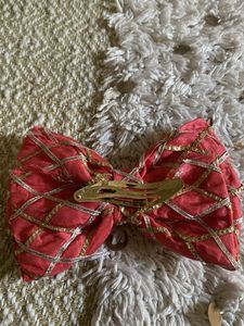 Coral Bow Hair Clip with Gold Trim