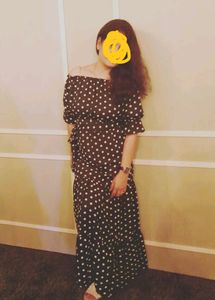 Dark Green Polkadot Long Dress, With Matching West