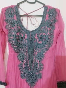 Net Pink Anarkali Full Party Suit.