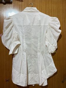 White Puff Sleeve Collared Shirt