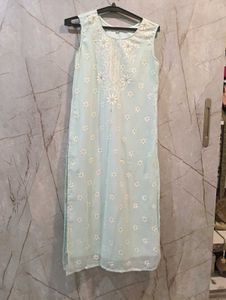Light Blue Embroidered Sleeveless Kurta (SIZE-M)