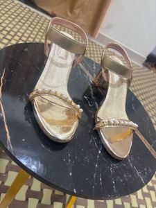 Elegant Gold Block Heels with Pearl Embellishments