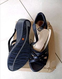 Clarks Black Strappy Wedge Sandals