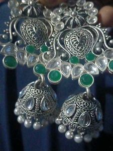 Elegant Jhumka Earrings with Green Stones