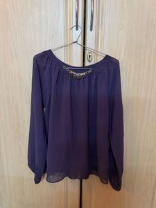 Elegant Purple Sheer Blouse with Embellishment