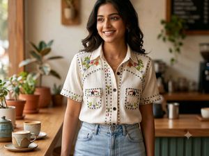 Embroidered Cream Button-Up Shirt