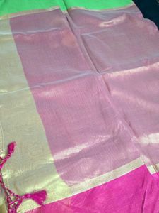Elegant Gold Saree with Pink &amp; Green Border