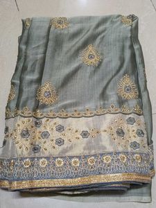 Embroidered Grey Silk Saree