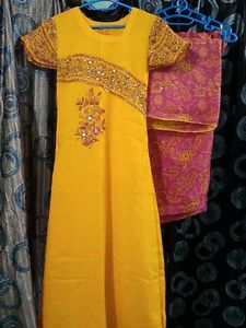 3 Piece Yellow A line Kurta Set .