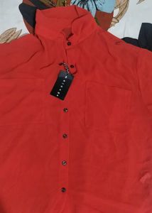Red Sheer Button-Down Top