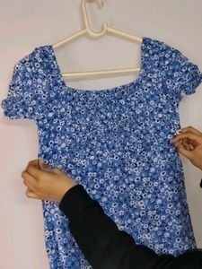Blue Floral Print Puff Sleeve Mini Dress