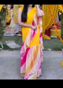 Bright Yellow &amp; Pink Ruffle Saree