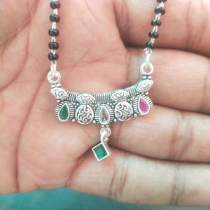 PureSilver Single Line Green&amp;Pink Stone Mangalsutr