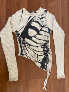 Ribbed Butterfly Print Asymmetrical Top