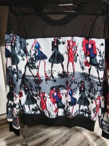 Chic Mesh &amp; Fringe Printed Top
