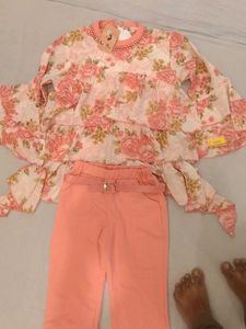 Floral Print Peplum Top with Coral Pants Set