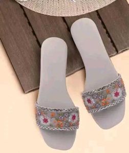 Embroidered Grey Slide Sandals