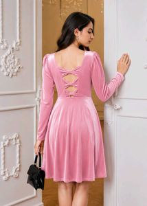Pastel Pink Velvet Puff-Sleeve Skater Dress
