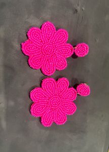 Hot Pink Beaded Flower Earrings