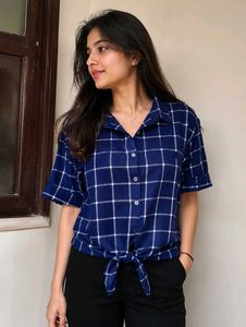 Blue Checked Tie-Front Shirt