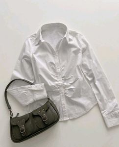 Fitted White Ruched Button-Up Shirt