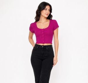 Fuchsia Button-Up Cropped Knit Top