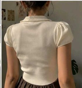 ✨ White  Ribbed Puff Sleeve polo Crop  Top 🎀