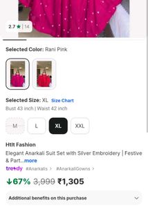 Elegant Pink Embroidered Kurta Set M size