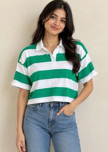 Green and White Striped Cropped Polo Shirt
